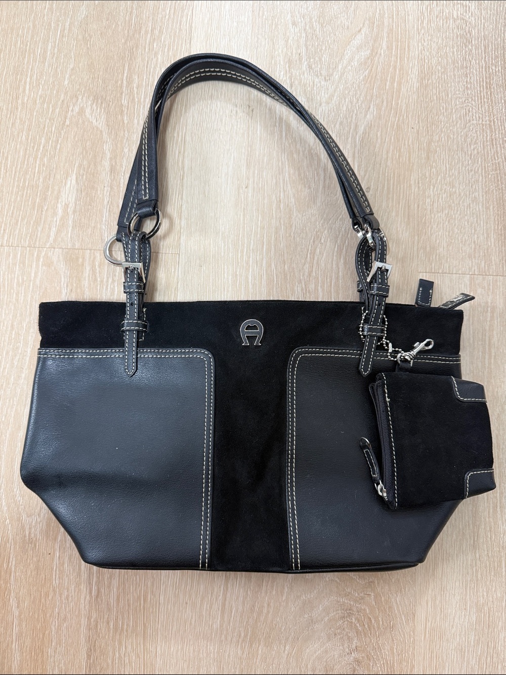 Etienne Aigner Vintage Black Suede & Leather Shoulder Tote